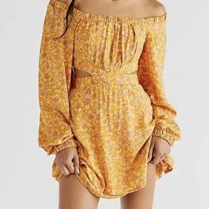 NWT Free People Jael Cutout Mini Dress Golden Yellow Floral Long sleeve Large